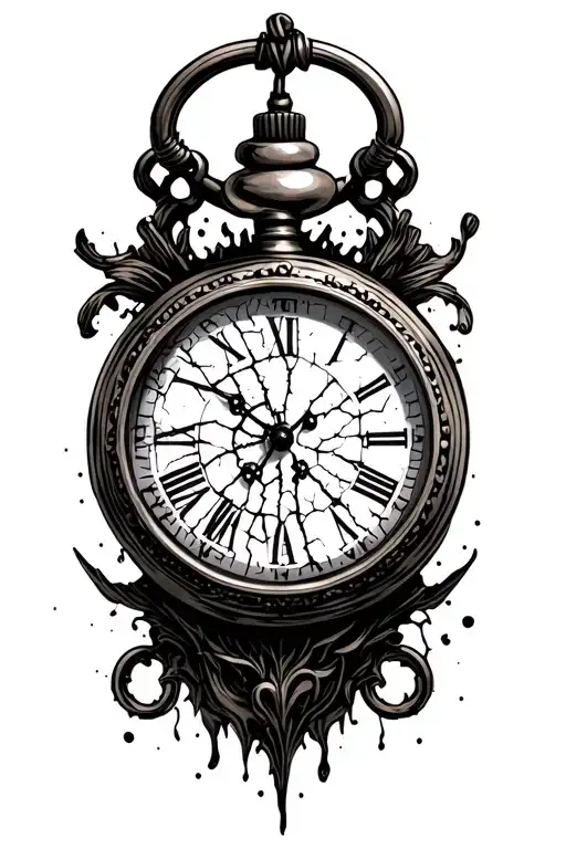 Decaying Clock Face - Antique pocket watch with cracked glass and hands nearly at midnight, either:Wrapped in the jaw  tattoo design idea