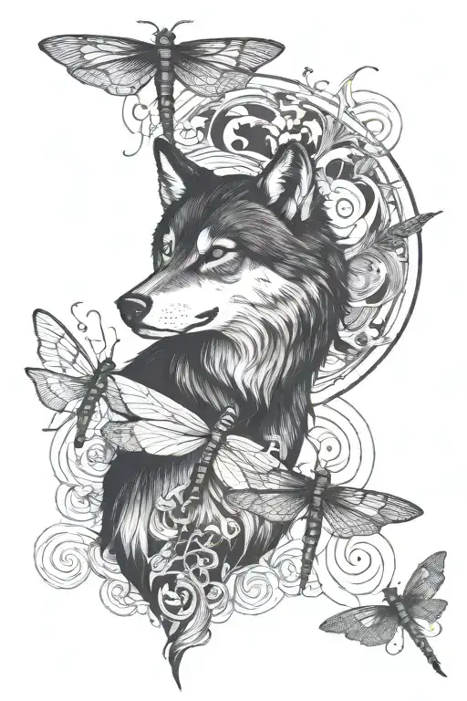 Wolf and moon, a dragonfly flying tattoo design idea