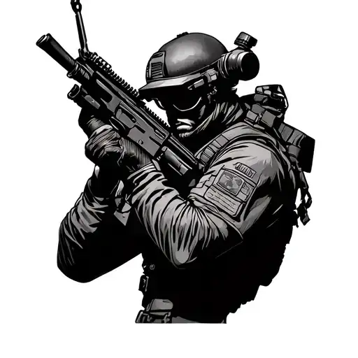 an assault man with M16 rifle and NVG and the whole equipment  tattoo design idea