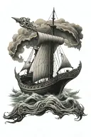 viking ship sailing with runes floating and norse gods tyr and thor and odin in the distance tattoo design idea