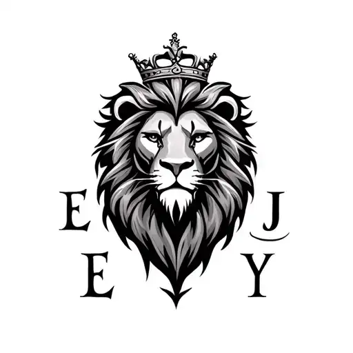 a feirce lion head with a big mane and a crown on its head. The Lion has the intials E J and Y next to it tattoo design idea