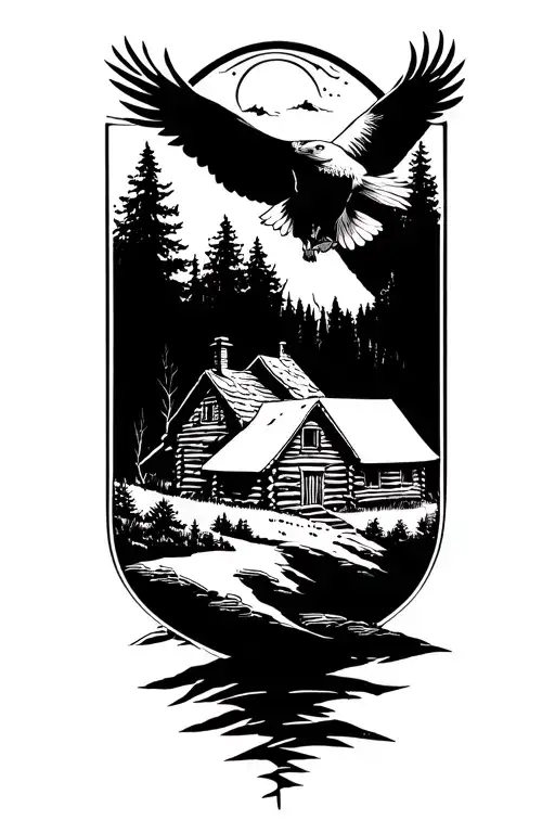 nature scene with log cabin up on a mountain with a bald eagle soaring in the sky with a acoustic guitar tattoo design idea