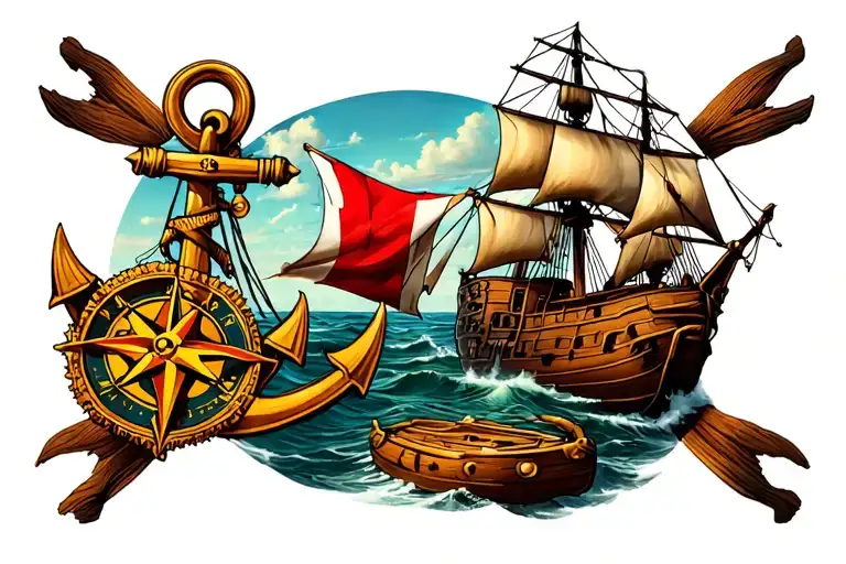 pirate ship, anchor, compass, tattoo design idea