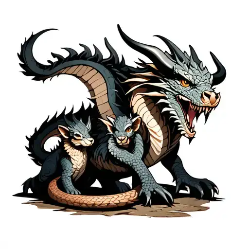 a father earth dragon with a metal ox and wood snake cub tattoo design idea