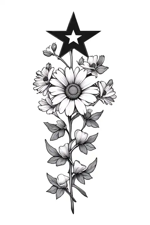 5 point star with daisies and sweet peas vine tattoo design idea