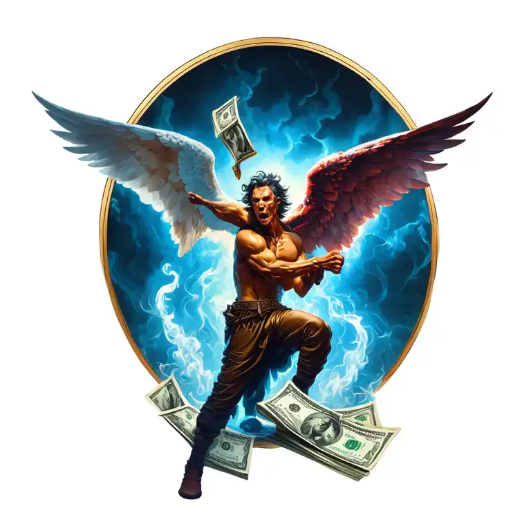 About Money Bags, Angels and Demons Fighting Ever Fighting tattoo design idea