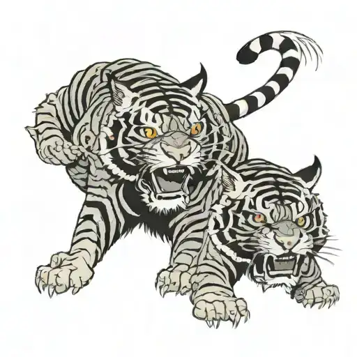 two Thailand tigers with oni mask in them face. in the mild of this a big samurai  tattoo design idea