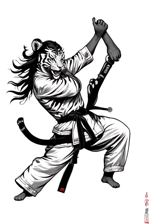 tigress doing taekwondo kick black belt tattoo design idea