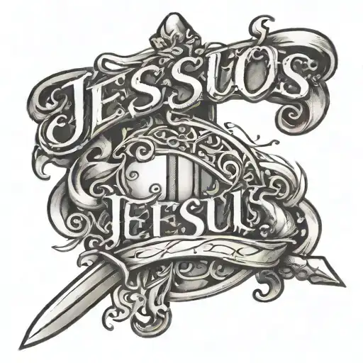 the word jesus in cursive wrapped around a sword  tattoo tattoo design idea