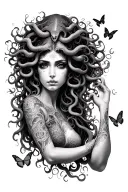 full arm sleeve Medusa with snakes and vines running down my arm with 9 butterflies saying I see you tattoo design idea