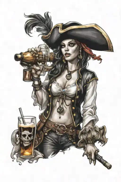 sexy woman pirate holding a bottle of rum tattoo design idea