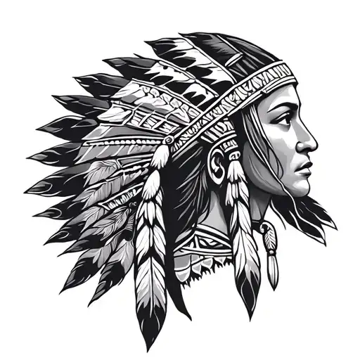 art easel with female Indian chief head profile traditional lady head tattoo design idea