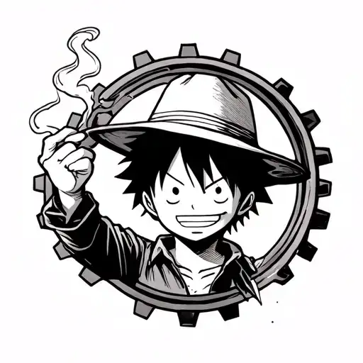 Luffy holding hat, smoking,with the luffy poster and gear 5 tattoo design idea