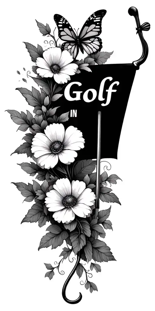 Flowers butterflies vines with golf flag that says golf in it tattoo design idea
