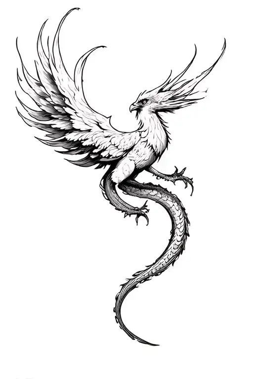 ] Phoenix  snaking acorss upper thigh tattoo with a long firey tail in black and white tattoo design idea