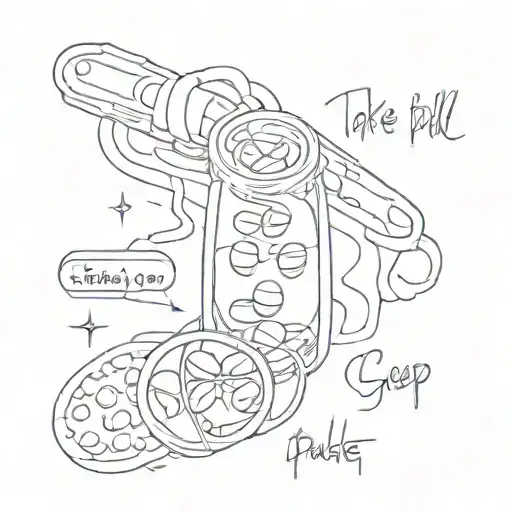 text: "take a pill and go to sleep" and then a hand drawn pill.  tattoo design idea