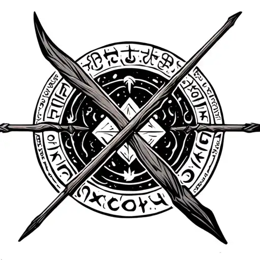 bow and arrow surrounded by runic markings reflecting tattoo design idea
