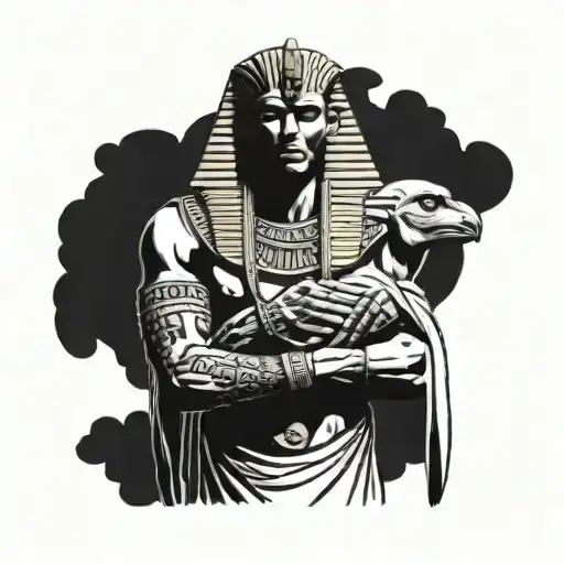 Egyptian Pharaoh holding skull in his hands with Horus and Ra behind him tattoo design idea