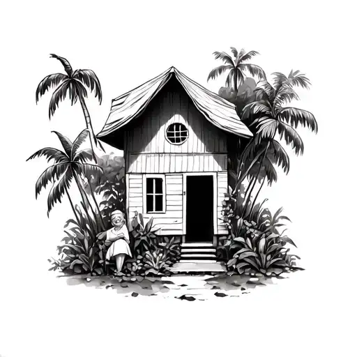 small house surrounded by banana trees and cane trees with old lady at the front  tattoo design idea