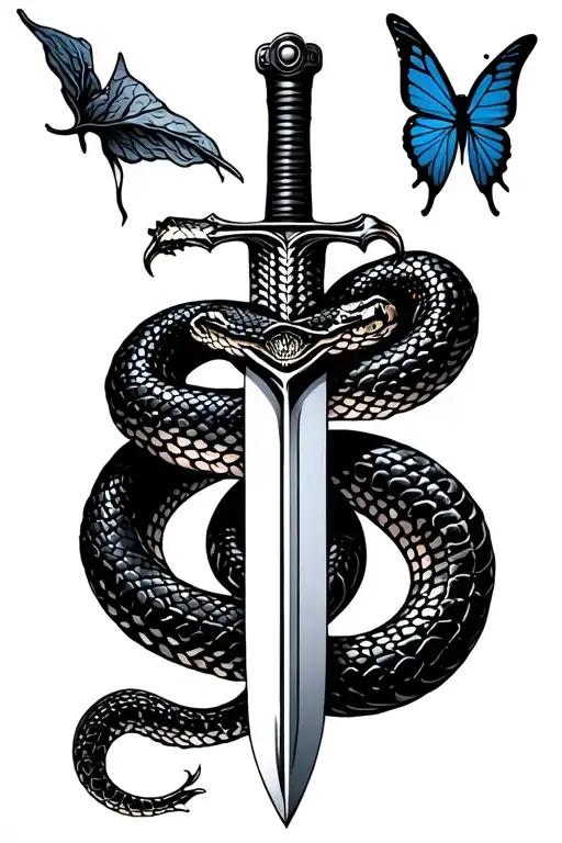 Snake on sword with “Survivor” and butterfly — rebirth, survival, no color, bold and shaded. tattoo design idea