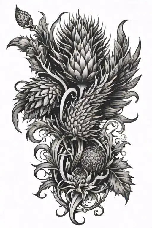 Tattoo composition Thistle, Phoenix, Fire, S, 21, Tech, Cyber tattoo design idea
