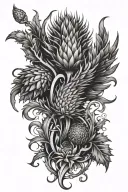 Tattoo composition Thistle, Phoenix, Fire, S, 21, Tech, Cyber tattoo design idea