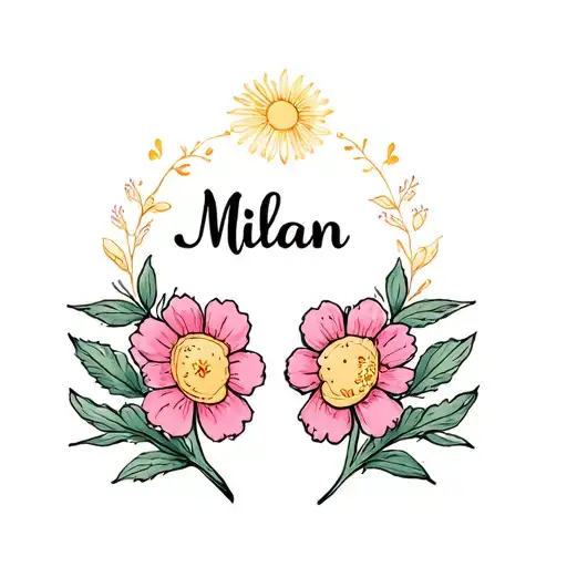 two cat Paw with Name Milan and sunny spring flowering tattoo design idea