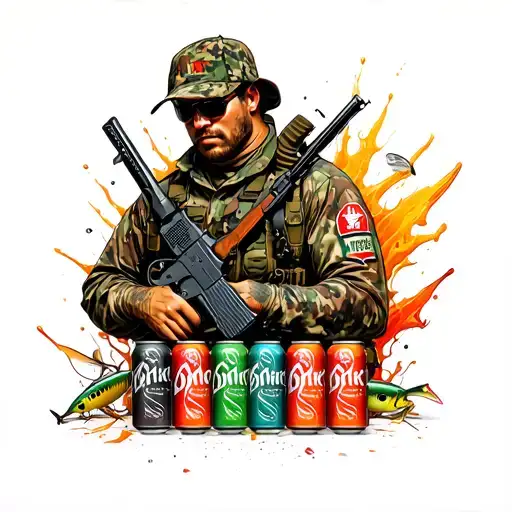 A trash polka style tattoo of a hunter in camouflage gear, holding a gun and surrounded by energy drink cans and fishing lures tattoo design idea
