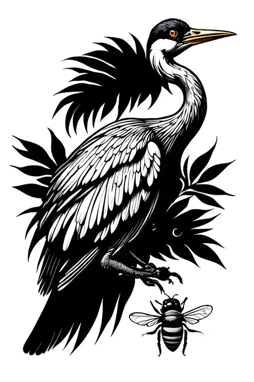 a crane bird but also include a domino, a strand of some sort, the idea of connection and also include a honey bee tattoo design idea