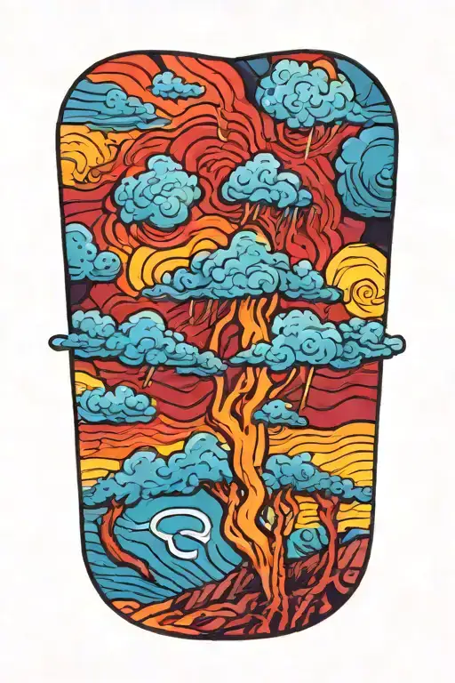 cumulonimbus thunderclouds with lightning rising above hills with forest and desert tattoo design idea