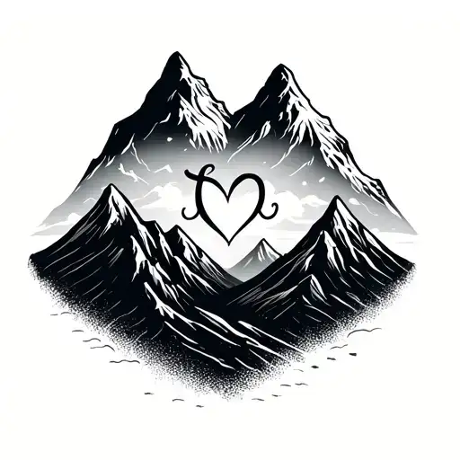 Fine itinial line t and l with a mountain, heart of hearts heart tattoo design idea
