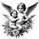 angel baby cherubs clouds roses tattoo design idea