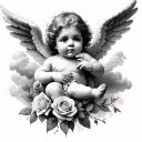 angel baby cherubs clouds roses tattoo design idea