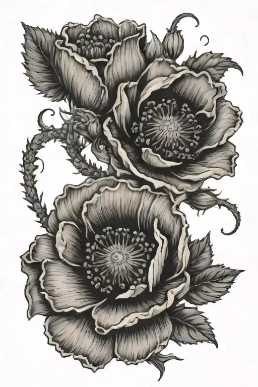 poppy's and blackberry bush viper wrapping tattoo design idea