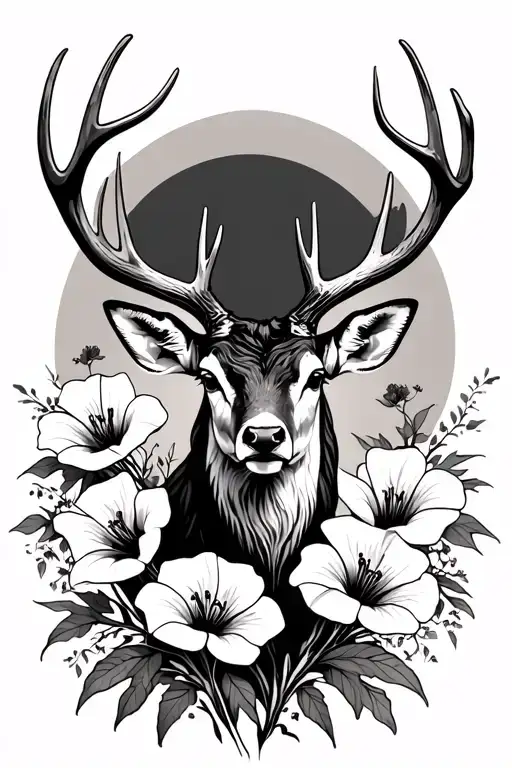 Stag with Lillies and poppies in red tattoo design idea