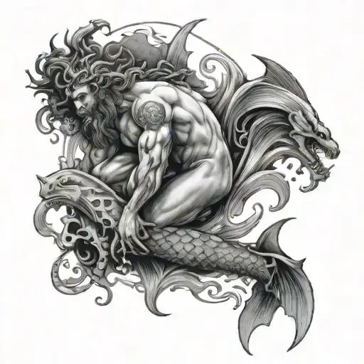 poseidon god, realism blackwork tattoo featuring a half dead mermaid, include sharks and violence tattoo design idea