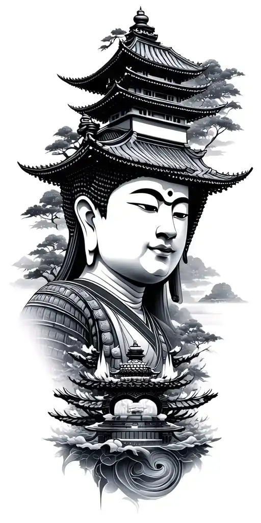Japanese style tattoo with building, Buddha and samurai tattoo design idea
