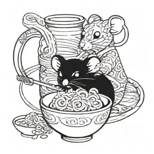 A sake bottle and a cute mouse sharing a bowl of noodles tattoo design idea