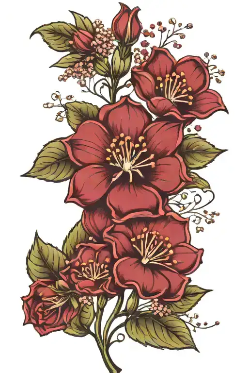 Maroon flower and babies breath with name down stem tattoo design idea