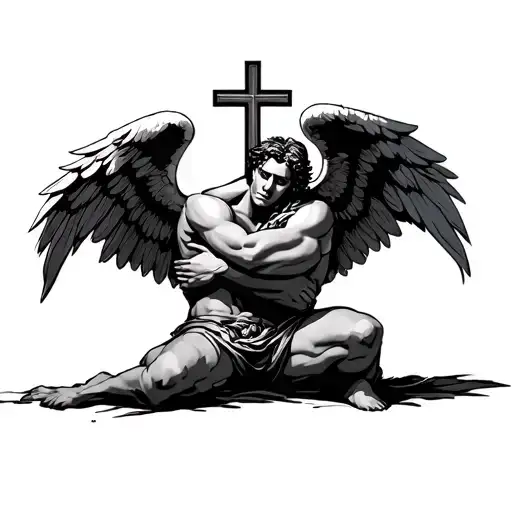 powerful angel well muscular kneeling with one knee and his wings open above and is hug, a cross in between his wings tattoo design idea