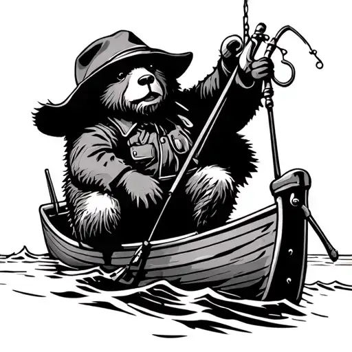 paddington bear on boat fishing tattoo design idea