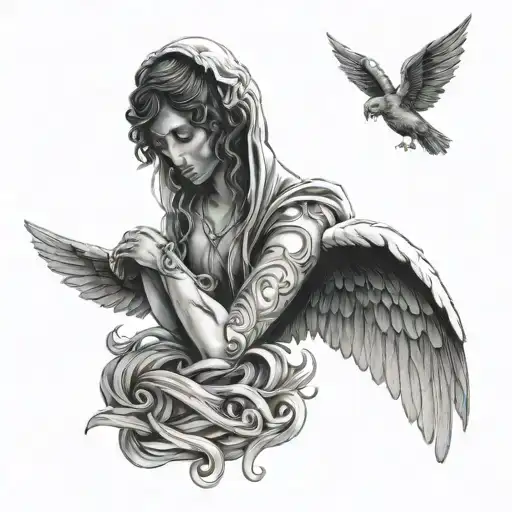 angel between good and evil, with two different wings, the right one is degradate  tattoo design idea