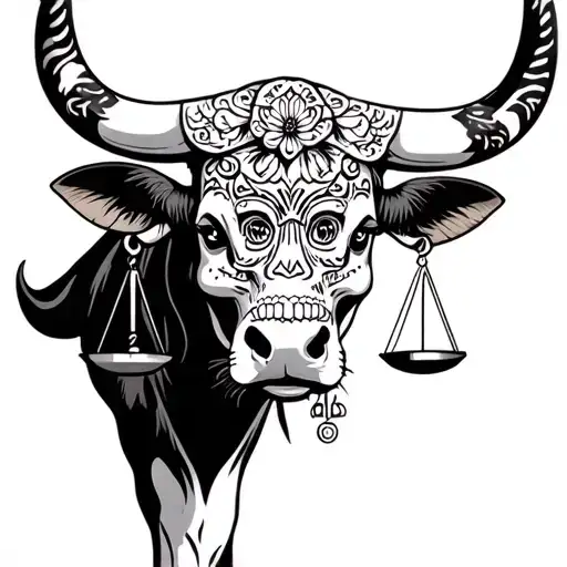 feminine bull with sugar skull markings and 2 Libra scales and dark shaded background tattoo design idea