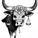feminine bull with sugar skull markings and 2 Libra scales and dark shaded background tattoo design idea