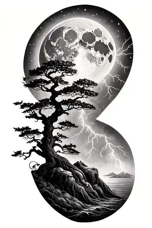 viking rume and moon and tree and lightning bolt striking and osiris tattoo design idea