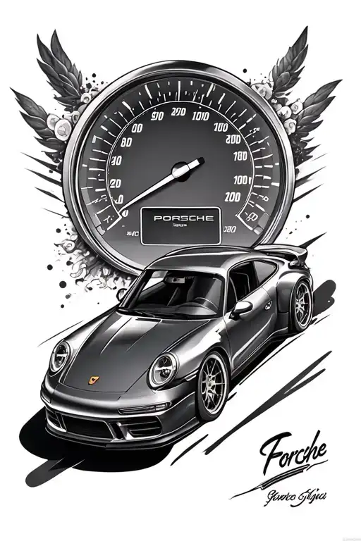 Porsche 911 with speedometer in the background sleeve tattoo design idea