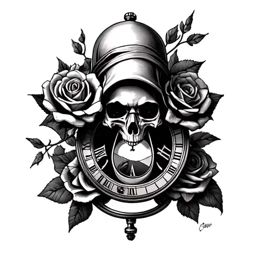 Grim reaper skull Roses hourglass respect Times up pocket watch tattoo design idea