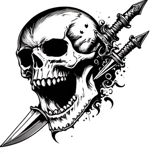 skull with open mouth and a dagger piercing through the head and mouth  tattoo design idea