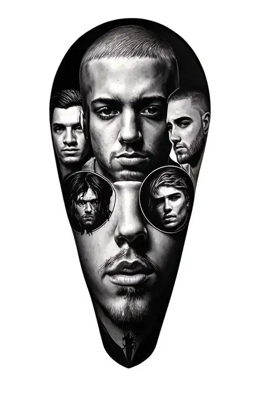 Half sleeve tattoo featuring Eminem, NF, Arctic Monkeys,&nbsp;and&nbsp;21&nbsp;Pilots tattoo design idea