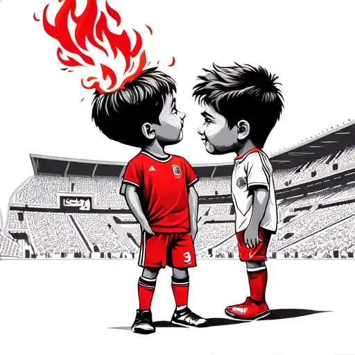 Football fan with Bengali fire as he stands in front of a stadium as a little boy in red and white tattoo design idea
